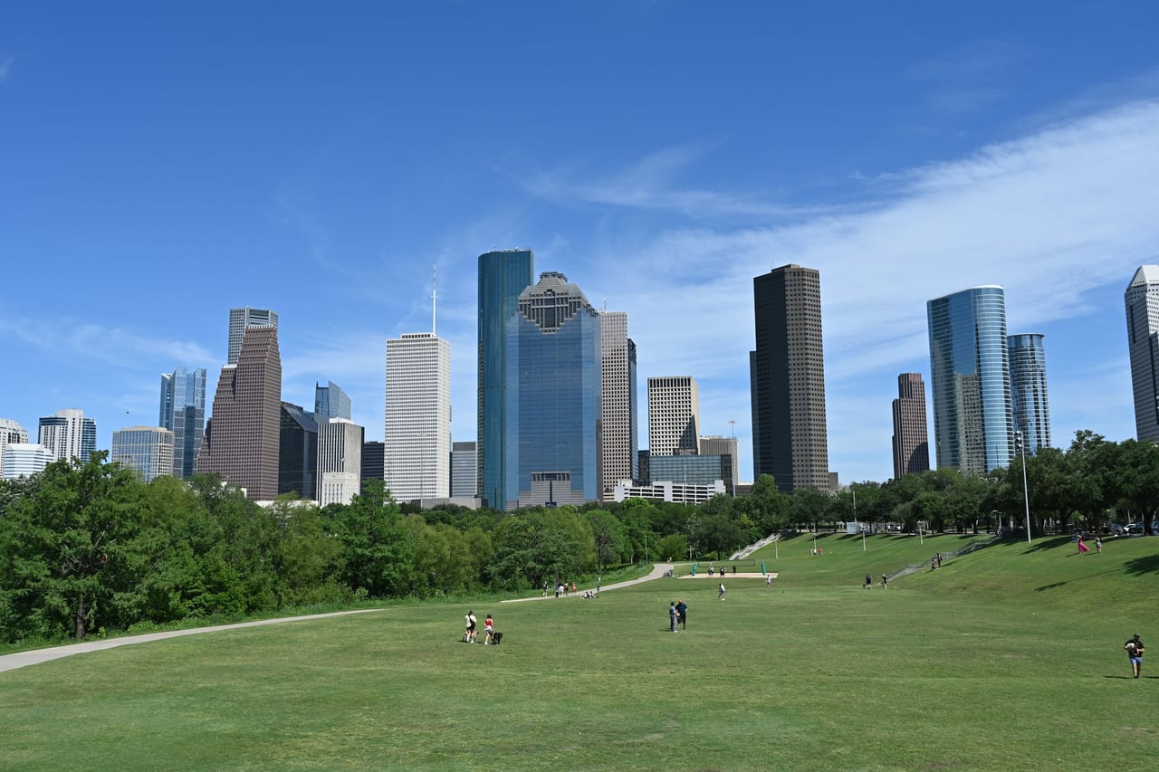 Downtown Houston skyline viewed across a green park, Texas